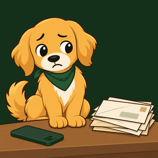 Nudge sits at a table beside a pile of unopened envelopes and a phone turned face-down, looking away from both.