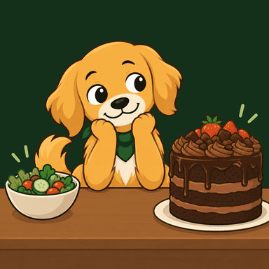 Nudge at a table between a bowl of salad and a large chocolate cake.