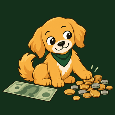 Nudge beside a single banknote and a scattered pile of coins, patting the coins.