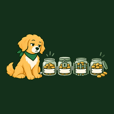 Nudge sits beside four jars of coins, one locked, one fenced, one spilling over.