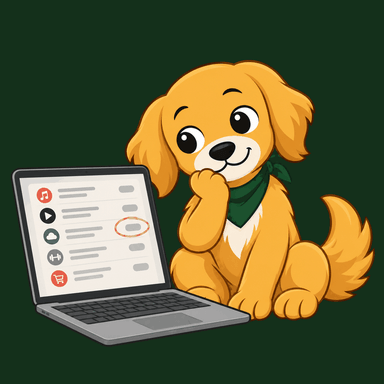 Nudge sits beside an open laptop showing a list of subscription rows with one circled in red.