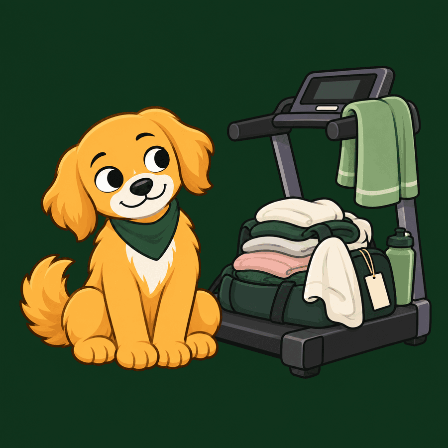 Nudge sits beside a treadmill buried under folded laundry, a gym bag and a water bottle.
